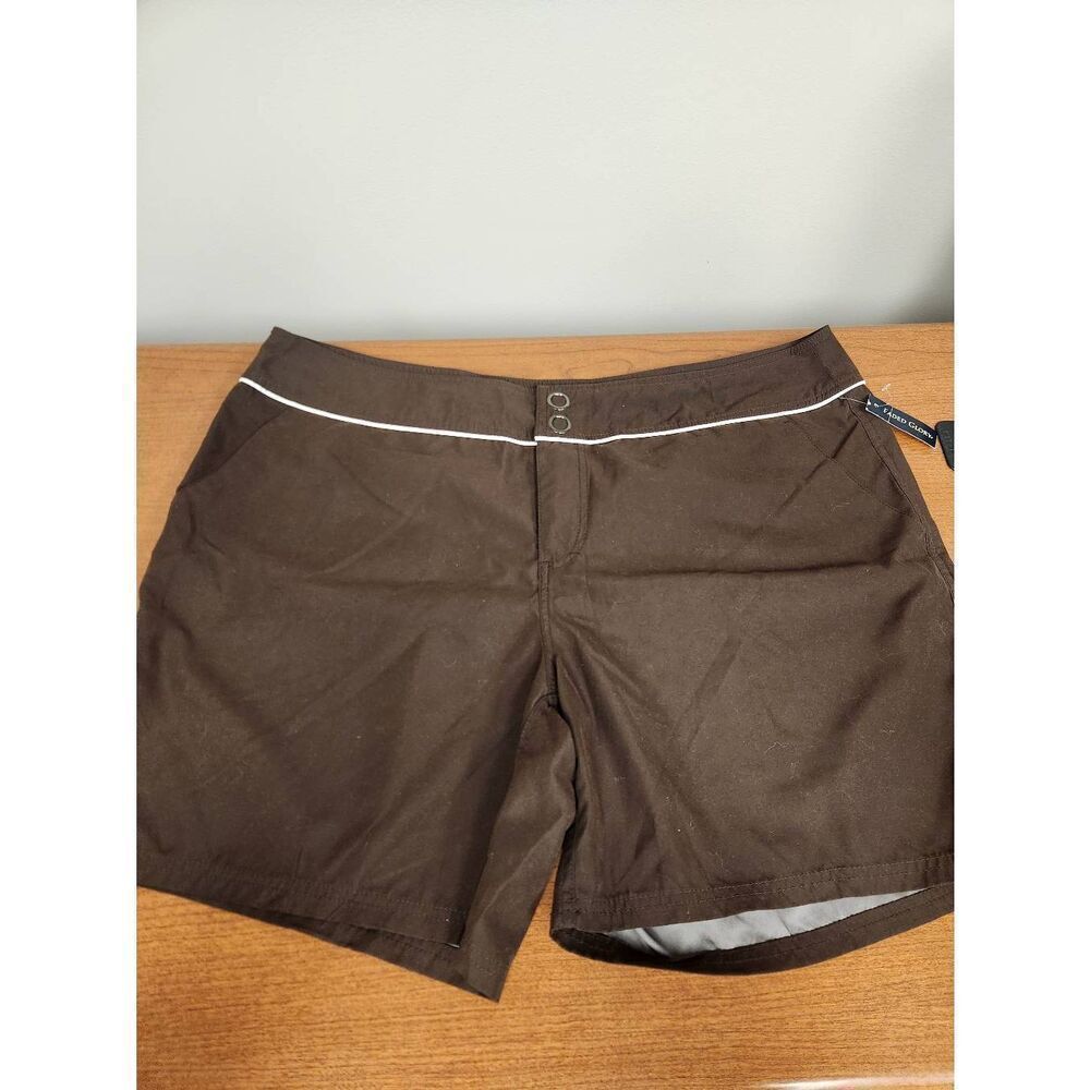 NWT Faded Glory dark brown swim trunks feature a snap front closure and white pi